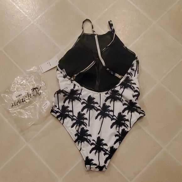 Black and White Mesh High Neck Palm Tree One Piece - Picture 2 of 3
